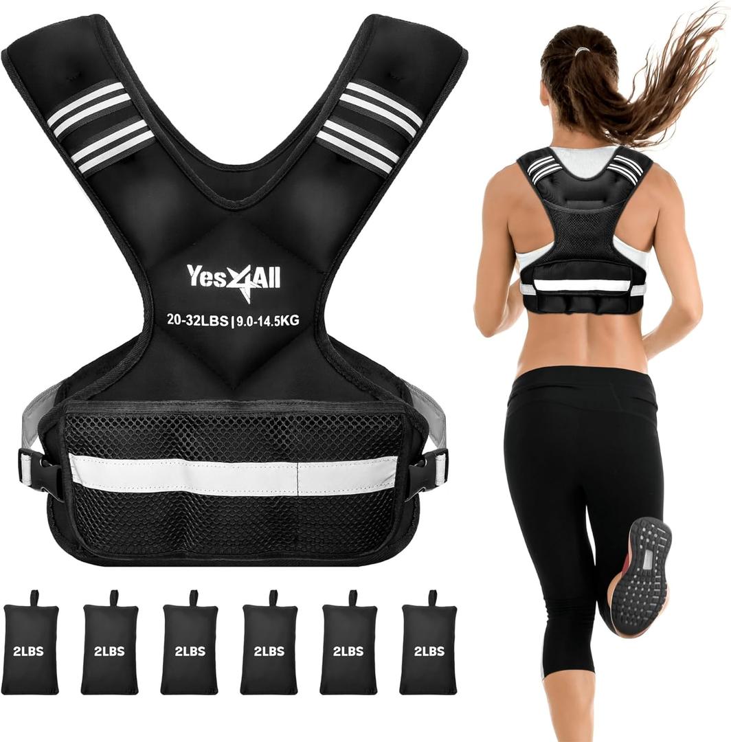 Yes4All Adjustable Weighted Vest 20-32lbs with Reflective Strip, Weight Vest for Strength Training for Men & Women, BLACK_20-32LBS, Large