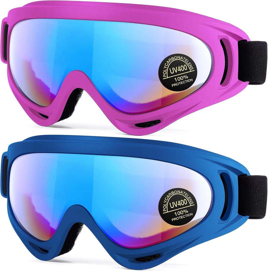2-Pack Snow Ski Goggles, Snowboard Goggles for Men, Women, Youth, Kids, Boys or Girls (07.blue Frame With Multicolor Lens + Pink Frame With Multicolor Lens)