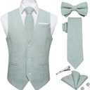 DiBanGu Mens Linen Suit Vest Casual Waistcoat and Necktie & Pre-tied Bowtie Set 6PCS Solid Color Dress Vest for Wedding Party (Medium, Mint Green)