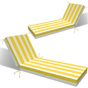 L'AGRATY Outdoor Lounge Chaise Cushion: 72x21x3 Inch Waterproof Lounge Chair Cushion for Outdoor Furniture with Fade Resistant Removable Cover - Patio Cushions for Pool Lawn Deck(Yellow White 2Pcs)