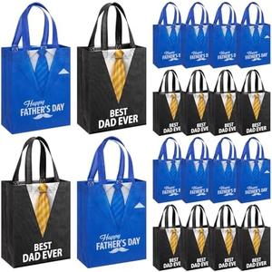 Wovnet 30 Pcs Fathers Day Gift Bags with Handle Reusable Non Woven Goodie Party Favor Bags Blue Black Best Dad Theme Treat Tote Bag for Dad Men Grandpa Gift Wrapping 10 x 8 x 4in