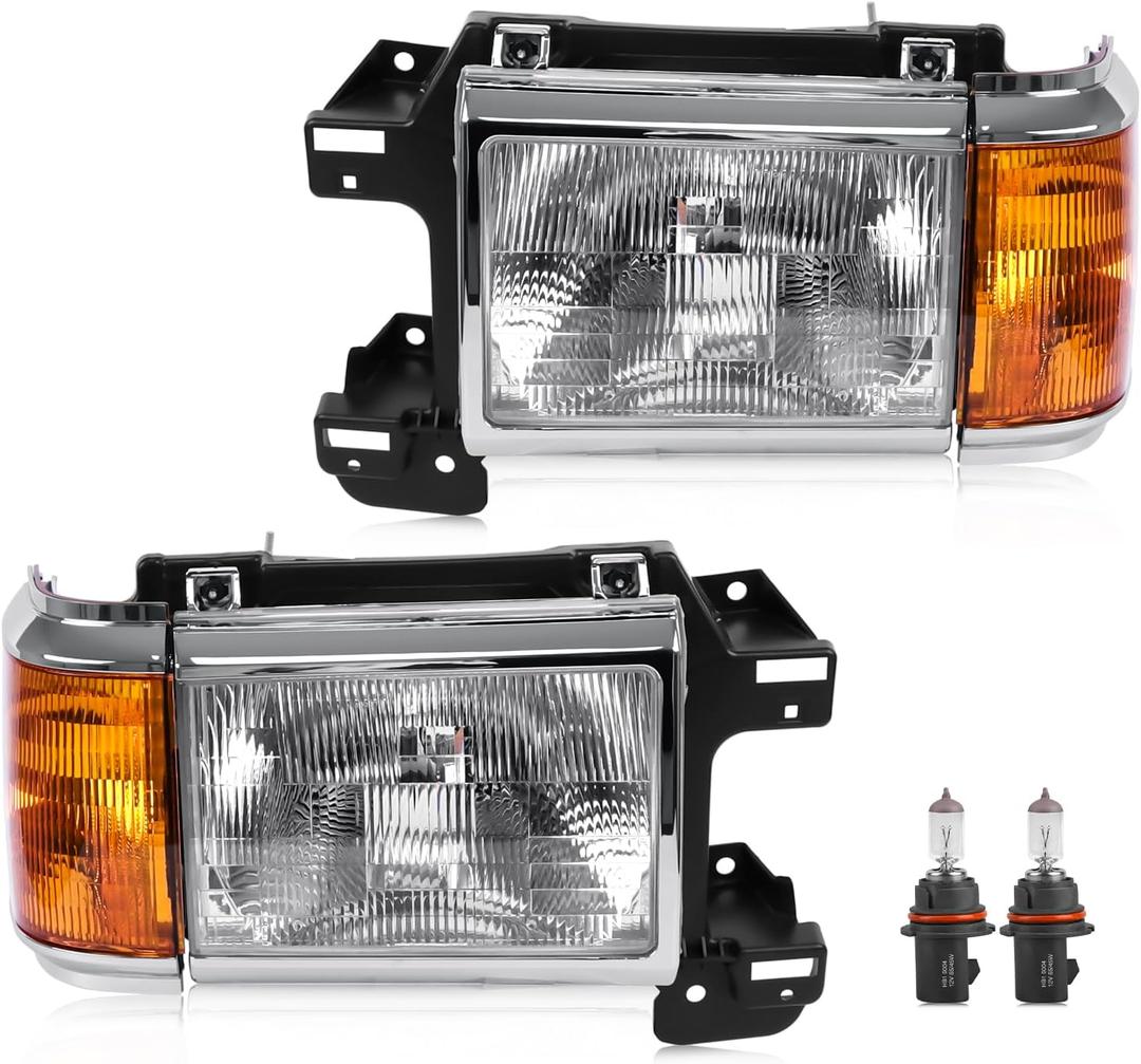 Headlight Assembly Compatible with Ford Bronco F150 F250 F350 F450 Truck 1987-1991 Halogen Type Head Lamp, OE-Style Headlight Replacement for E9TZ13008C E9TZ13008D, Chrome Trim Pair