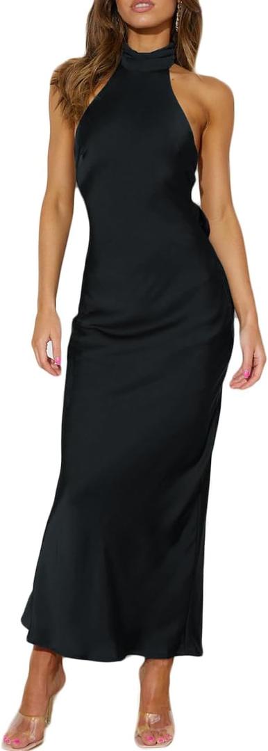 Phicia Sexy Satin Halter Neck Backless Maxi Dress for Women Elegant Tie Cowl Back Formal Wedding Guest Dress for Summer (Medium, Black)