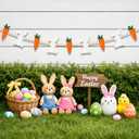 Easter Bunnies and Carrots Garland, 3D Felt Bunny Carrot Wooden Beads Banner Rustic Easter Hanging Wall Decorations for Home Farmhouse Indoor Spring Decor
