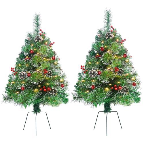 XINDMAO 2 Pack Outdoor Christmas Tree with Light,30 INCH Pre-Lit Artificial Pathway Christmas Trees for Porch,Yard,Driveway, Battery Operated Christmas Urn Filler with Red Ornaments