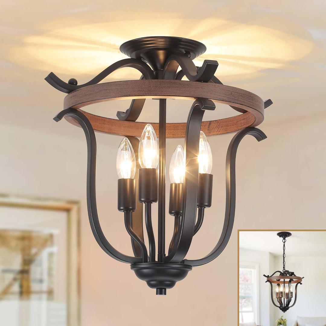 Farmhouse 4 Light Cage Chandelier, Vintage Rustic Mini Flush Mount Ceiling Light Fixture, Black Metal and Faux Wood Rustic Chandelier for Dining Room Kitchen Island Entryway Bedroom Porch Foyer