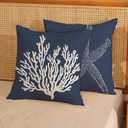 Blue Starfish Pillow Covers 18x18 Inch Set of 2, Nautical Ocean Coastal Blue Coral Throw Pillows Spring Summer Decorations Linen Pillowcase Outdoor Decor Farmhouse Cushion Case for Home Holiday