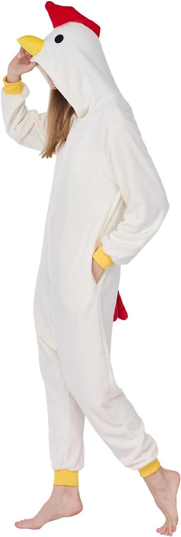 Unisex Adult Animal Onesie Pajamas Slim Fit Halloween Costume One Piece Sleepwear Homewear Cosplay Suit (Large, White Chicken)