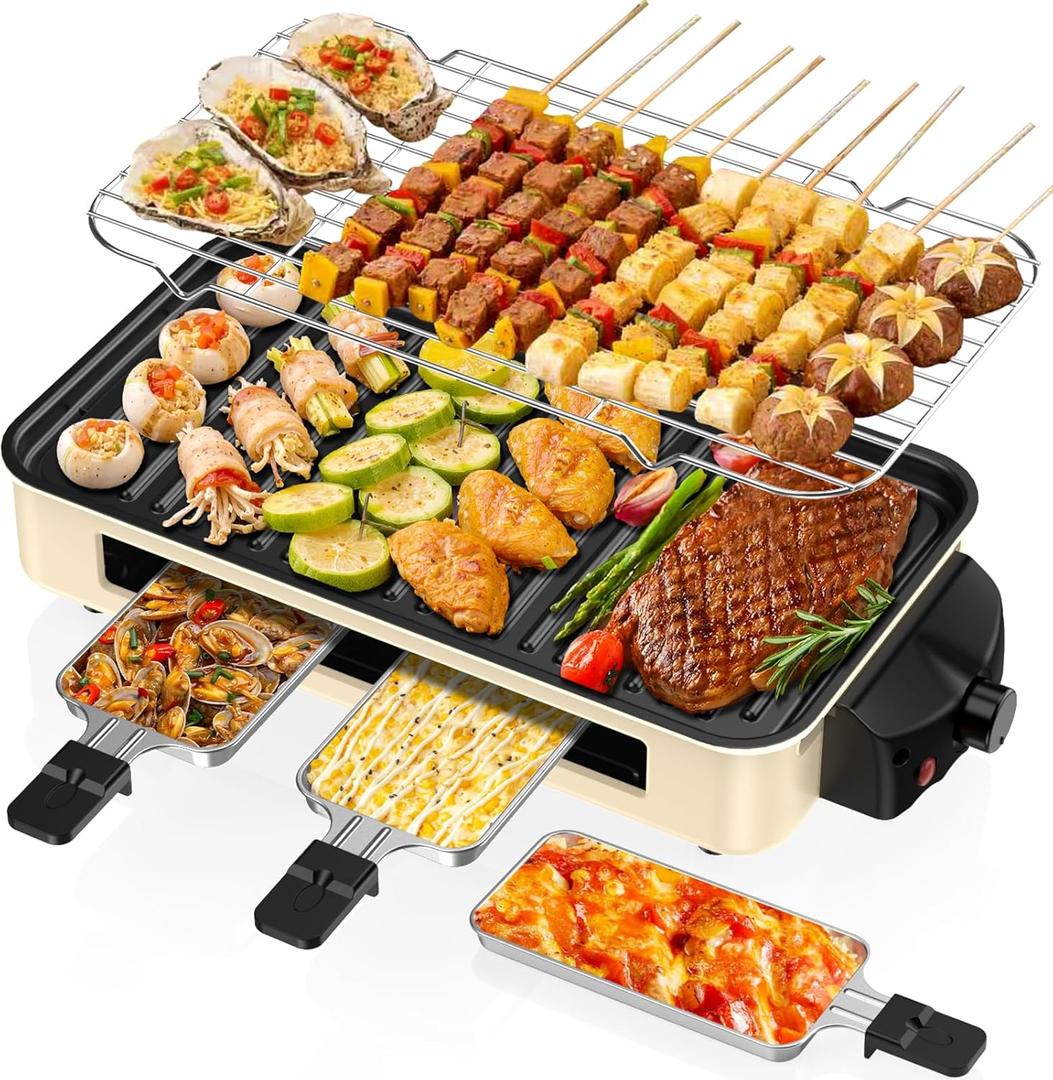Electric Indoor Grill 1500W -2 in 1 Smokeless Indoor Grill for Kitchen with Non-stick Removable Grill & Griddle Plate,Temperature Control Korean BBQ Grill with 3 Cheese Pans Dishwasher Safe (White)