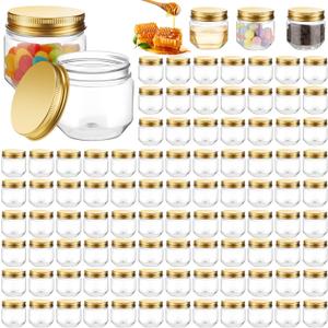 Maxcheck 105 Pcs 3 oz Wide Mouth Mason Jars Clear Plastic Jars with Lids Mini Storage Containers Bulk for Herb Jelly Wedding Favors Shower Party Favors(Gold)