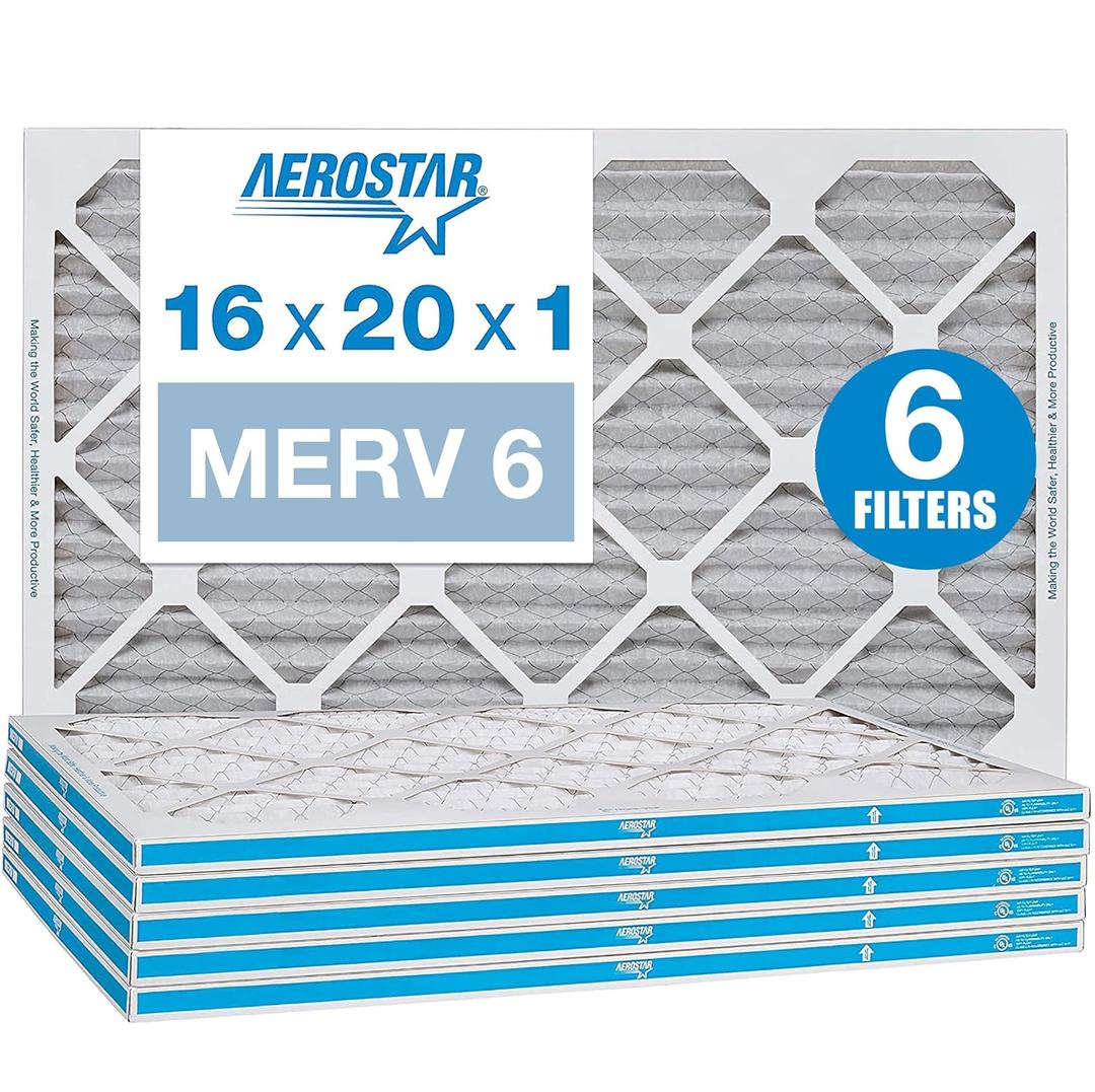 Aerostar 16x20x1 MERV 6 Pleated Air Filter, AC Furnace Air Filter, 6 Pack (Actual size 15 3/4"x 19 3/4" x 3/4")