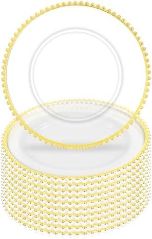 Tomeurperf 10Pcs Clear Charger Plates Bulk Wedding - 13" Premium Clear Plastic Chargers with Gold Beaded Rim，Decorative Dinner Charger Plates for Events & Parties