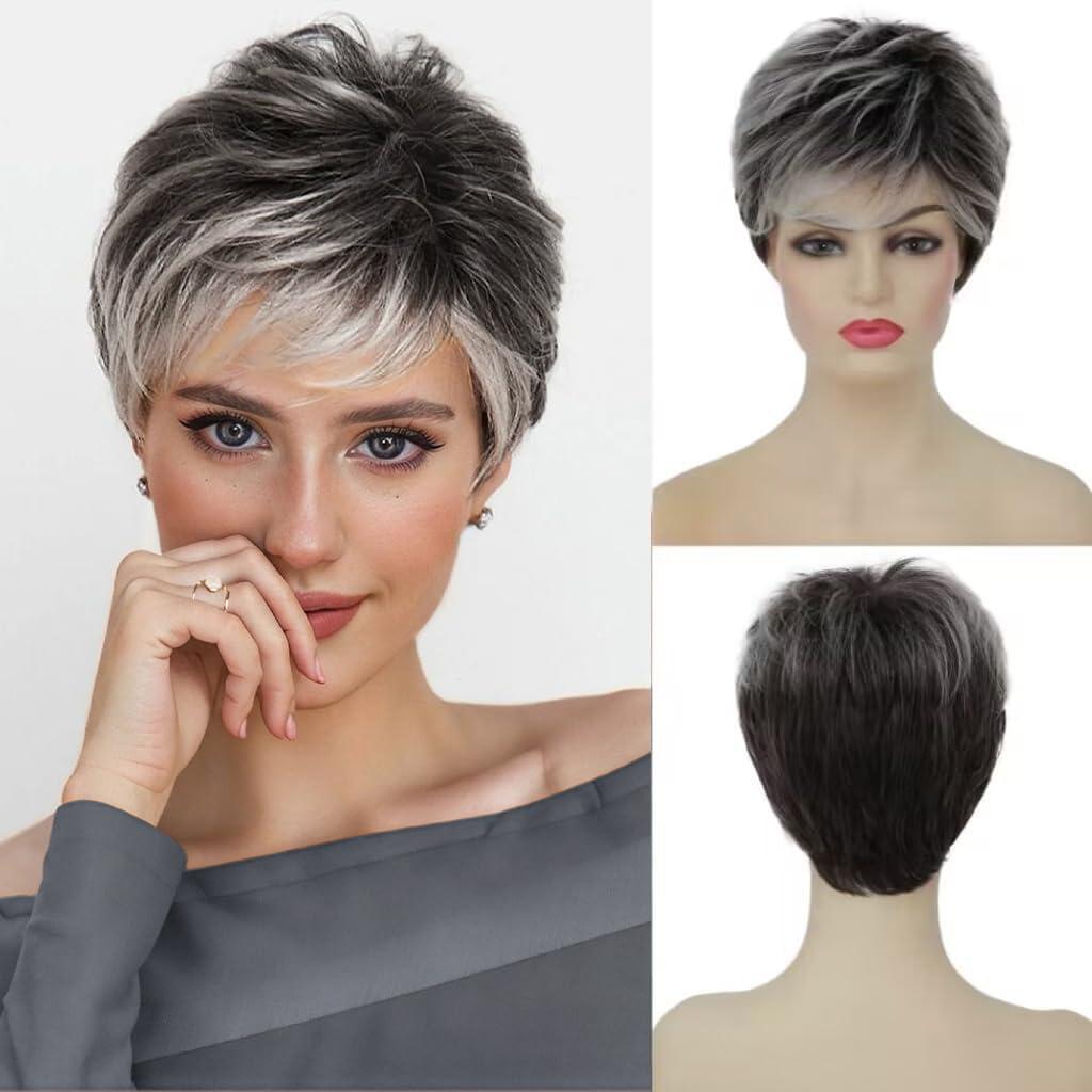 Swiking Women Short Grey Pixie Cut Wig with Bangs Dark Roots Soft Layered Synthetic Hair Wig Daily Costume Wigs(Grey Mix Brown)