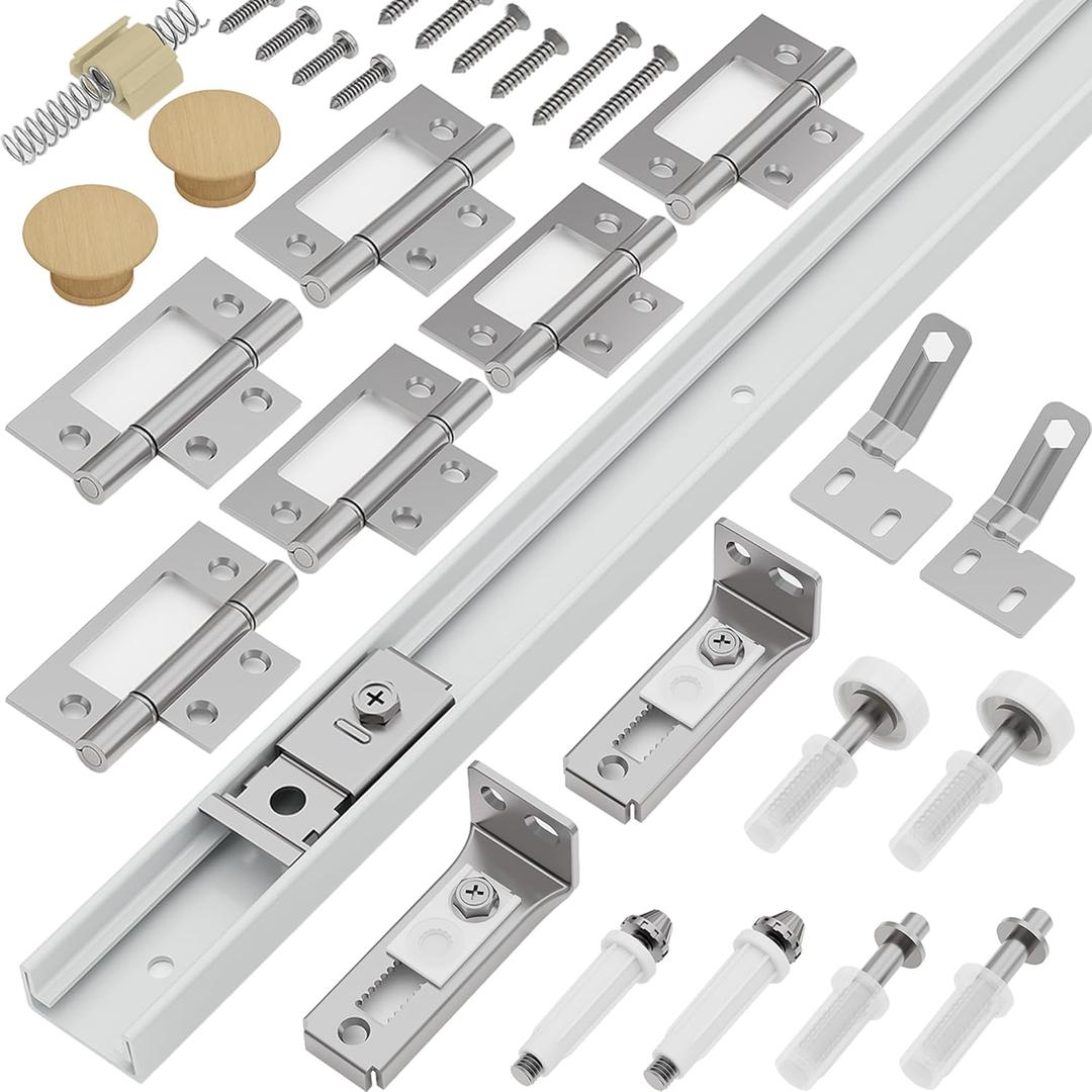 Closet Bifold Door Hardware & 60 Inch Track Kit, Folding Doors Bi-Fold Puertas Repair Replacement Kit for Bedroom Laundry, Parts with Rail Floor & Top Bracket Pivot Pin Guide Roller Hinge Knob