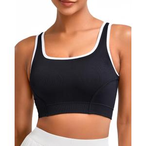 RUNNING GIRL Sports Bras for Women High Support,Seamless Ribbed Longline High Neck Sports Bra Racerback Padded Crop Top Yoga (Black, L)