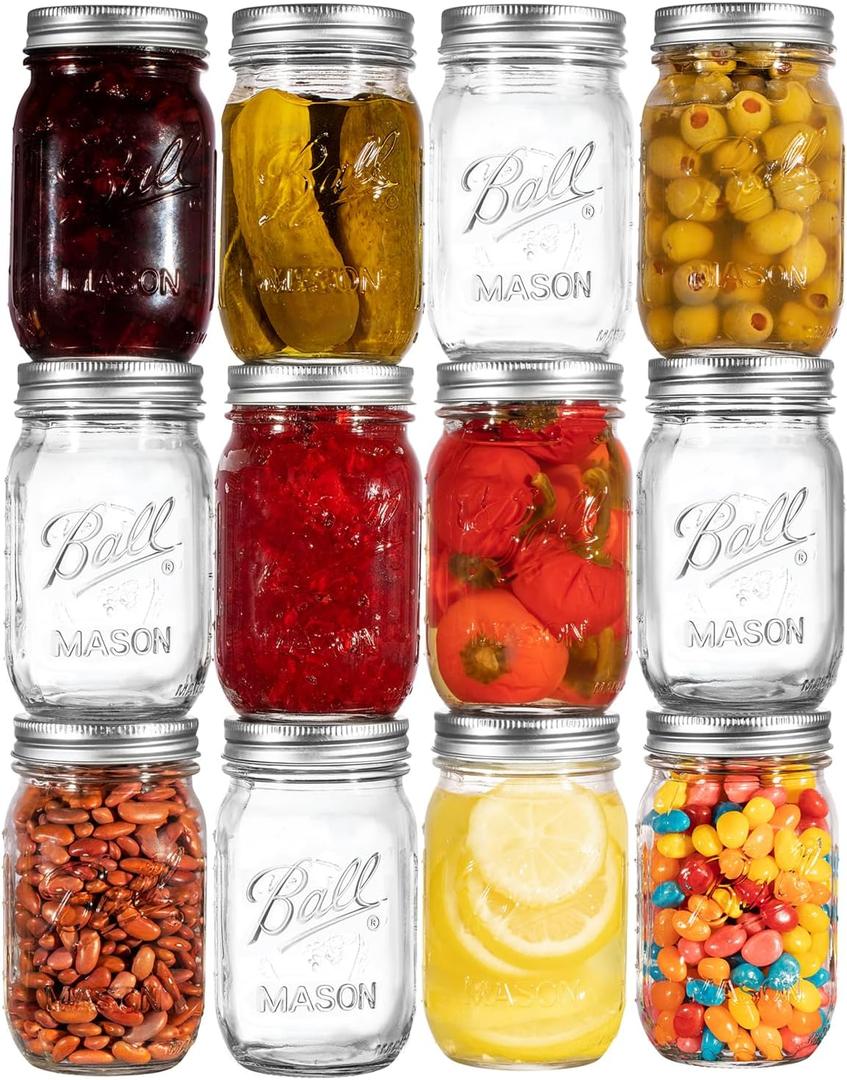 Ball Regular Mouth Mason Jars 16 oz. (12 Pack) - Pint Size Jars with Airtight Lids and Bands for Canning, Fermenting, Pickling, Meal Prep or DIY Decors and Projects Bundled with Peaknip Jar Opener