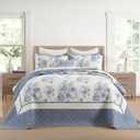 Oversized King Bedspreads 128"x120", 100% Cotton Floral California King Quilt Extra Large Coverlet, Lightweight Farmhouse Quilted Bedding Set 3 Piece, Blue/Cream White