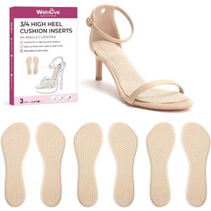 High Heel Cushion Inserts for Women - (3 Pairs) Welnove 3/ 4 Invisible Insoles Prevent Feet from Sliding Forward - Shock Absorption - Comfort Shoe Pads for High Heels Sandals Flats, Beige, Size L