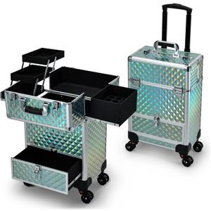Blue Rolling Makeup Case with Drawer Travel Trolley Cosmetology Case on Wheel Makeup Storage Salon Barber Case Traveling Cart Trunk for Cosmetologist Nail Tech Hairstylist, 13.4"L x 9.4"W x 19.1"H