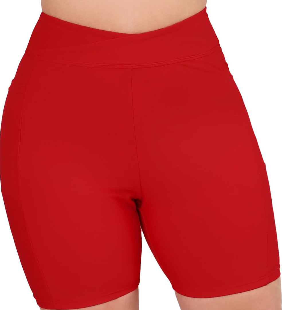 Women's 7" Plus Size Cross High Waisted Board Shorts with Side Pockets Boyshorts Swimsuit Bottoms, XXL
