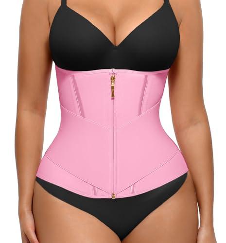 FeelinGirl Womens Waist Trainer Tummy Control Waist Cincher Trimmer with Hooks Steel Bones Slimming Workout Girdle Pink XS