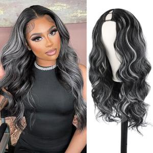 Body Wave V Part Wig Glueless Synthetic Long Wavy Wigs Upgrade U Part Wigs For Black Women Clip in Thin Part V Shape Wig Hair Extensions (Black With Grey)