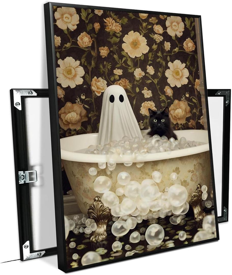 Halloween Canvas Wall Art Spooky Vintage Bathtub Scene with Black Cat Ghost Paper Cut Floral Wallpaper Poster Print for Living Room Bedroom Office Decoration (8x12in Black Framed, A01)