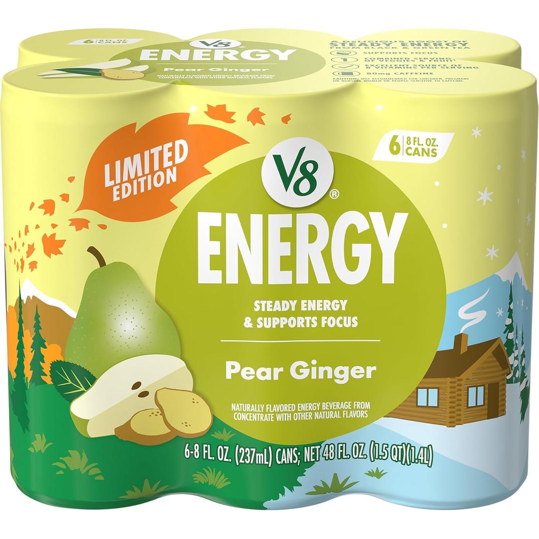 V8 Energy Pear Ginger Energy Drink, 8 fl oz Can (6 Pack) (EXP 09/02/26)