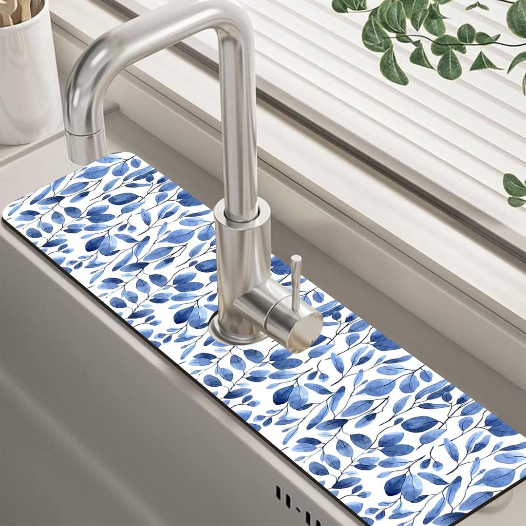 Watercolor Blue Leaves Sink Faucet Absorbing Mat Sink Splash Guard Faucet Mat Draining Mat Fast Drying Sink Protectors for Kitchen and Bathroom 5.5"24"