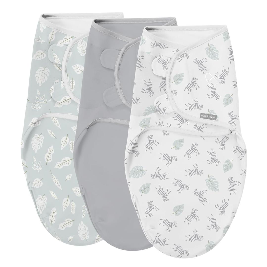 SwaddleMe by Ingenuity Easy Change Baby Swaddle in Size Small/Medium, 0-3 Months, 7-14 Pounds, 3-Pack with Easy Change Zipper -Zebra Botanical (Zebra Botanical)
