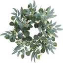 Artificial Green Eucalyptus Wreath,15 inches Greenery Wreath with Clusters of White Flowers Mini Spring/Summer Wreath for Front Door Wall Window Decor