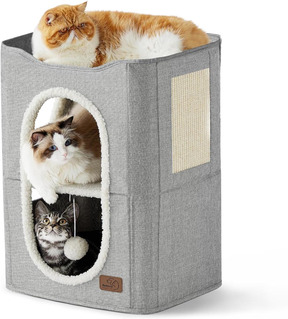 Bedsure 2 Story Cat House - Cat Condos for Indoor Cats with Scratch Pad and Fluffy Ball Hanging, Small Pet Cave Furniture Hideaway for Multi Pets, 18x14x23 inches, Grey (Double)