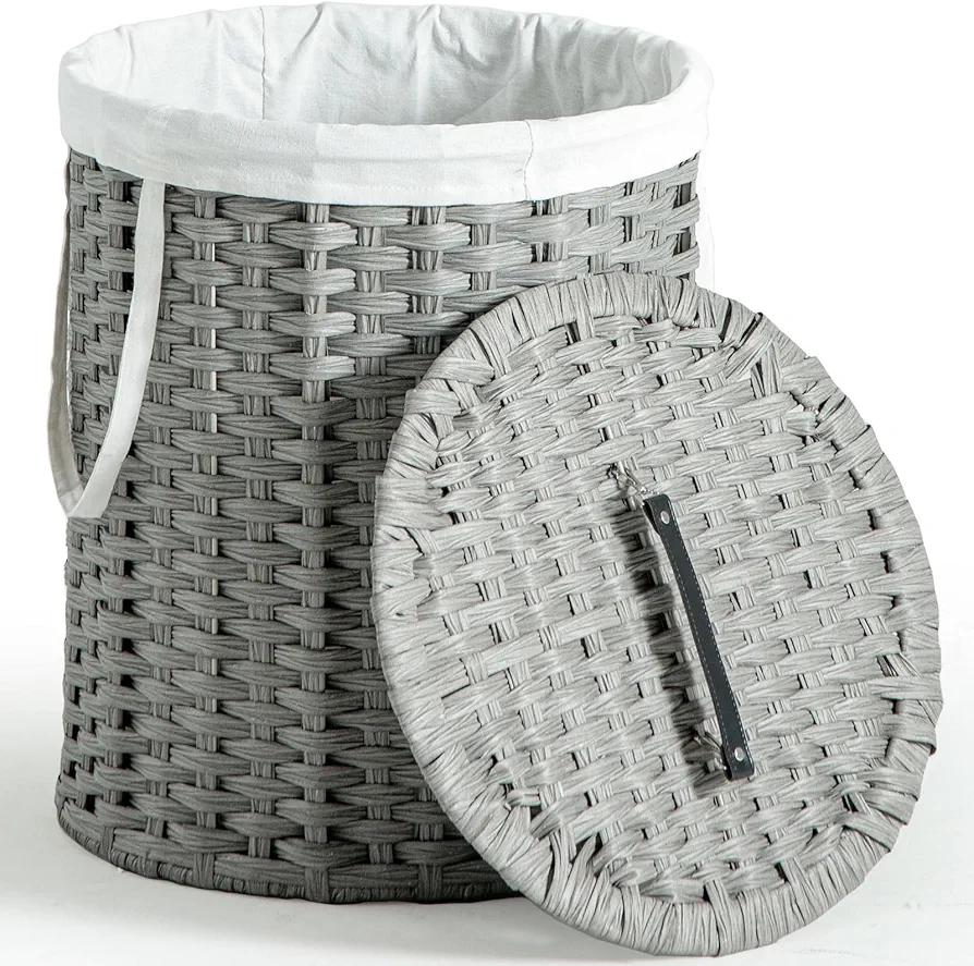 KUREEISE Laundry Basket with Lid, Handwoven Rattan Laundry Hamper, No Install Needed, 26.5 Gal (100L) Round Clothes Hamper with Removable Bag & Handles, Foldable Storage Basket