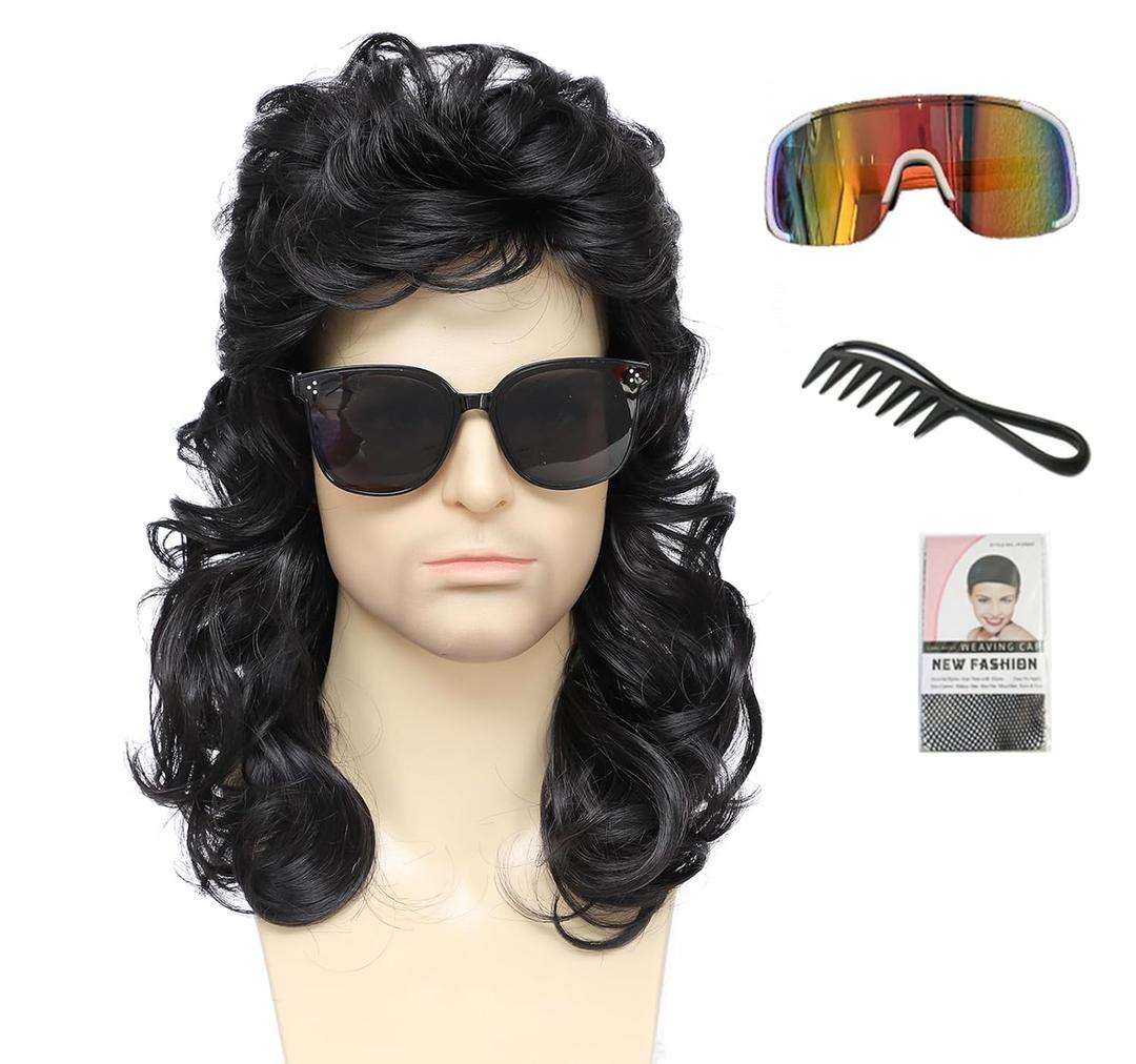 Mullet Wigs for men 80s Rock Wig Halloween Costume Fancy Party Accessories Wig (Sunglasses+Comb) (Black)
