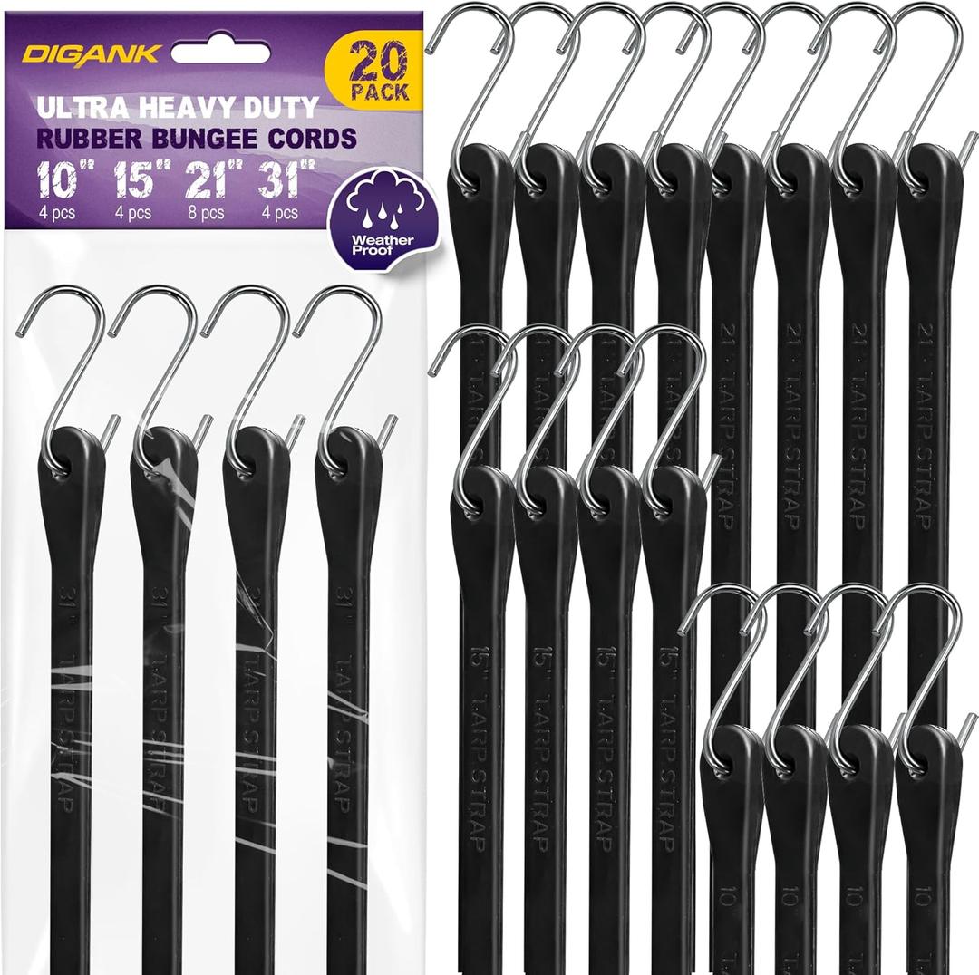 Bungee Cords with Hooks (20 Pack) Heavy Duty Outdoor Rubber Tarp Straps in 10", 15", 21", 31" Sizes, Crimped S Hooks for Securing Cargo, Bikes, Camping Gear, Luggage - Max Stretch 1.5X, Load 180 lbs