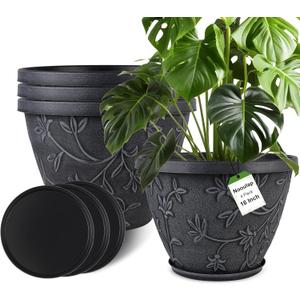 4 Pack 16 Inch Large Plant Pot for Outdoor, Plastic Flower Pot Indoor with Drainage Hole & Saucer, Modern Decorative Garden Pot, Imitation Magnolia Garden Pots for House PlantersGray