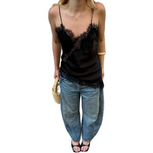 Women Satin Lace Camisole Top Sleeveless Spaghetti Strap Silk Lace Trim Cami Top Asymmetrical Tank Top Streewear (Small, A Fashion Black)