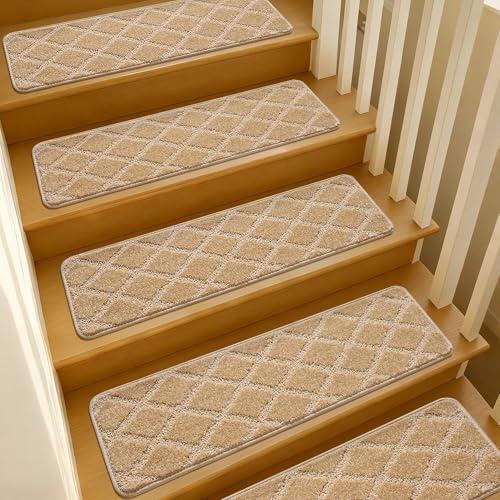 JOYKISS 9"x30" Stair Treads for Wooden Steps Indoor, 15 Pcs Non Slip Peel and Stick Carpet Stair Treads, Washable & Reusable Self Adhesive Stair Runner Rug for Kids Elders Pets - Beige