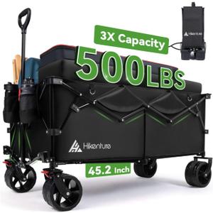 Hikenture Extended Collapsible Wagon, 500 LBS Wagons Carts Foldable, Heavy Duty Beach Wagon with Big Wheels for Sand, 300L Large Capacity Foldable Wagons, Utility Grocery Cart for Garden, Sports