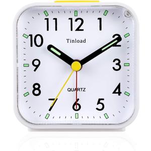 Tinload Small Battery Operated Analog Travel Alarm Clock Silent Non Ticking, Gentle Wake, Ascending Beep Sounds, Snooze,Lighted on Demand, Easy Set(White)