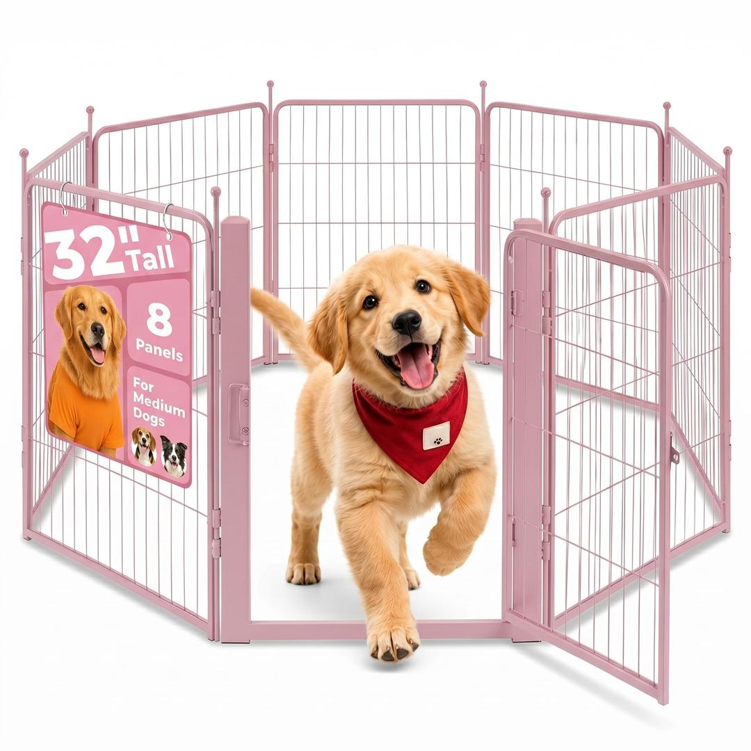 Freepet 32 Inch Pink Dog Playpen, 8-Panel Metal Pet Exercise Pen with Door, Foldable Indoor Outdoor Puppy Fence for Medium Dogs (Pink, 32inch)