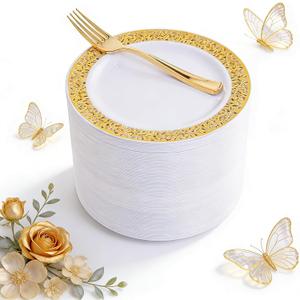 WDF 100pcs Gold Dessert Plates 7.5" with 100 Pieces Disposable Forks 7.4", Lace Design Fancy Appetizer Small Salad and Cake Plates for Thanksgiving Party/Weeding