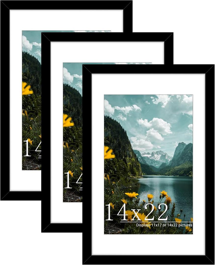 14x22 Black Picture Frame, Poster Frame for Wall, 3 Pack | Fits 11x17 Photos With Mat or 14x22 Without Mat, Vertical or Horizontal Wall Mount, Artwork, Gallery Wall & Home Decor