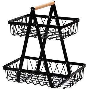 Dicunoy Metal Storage Basket with Handles, 2 Tier Wire Snack Organizer Bin for Office Cournertop, Rustic Black Basket for Home, Kitchen, Pantry, Fruit, Coffee, Pasta, Bathroom, Living Room