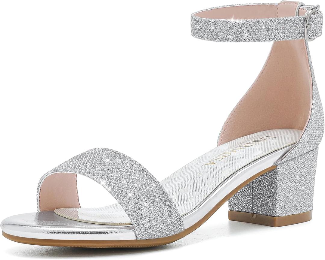 Girls High Heels Sandal for Girls Open Toe Ankle Buckle Strap Dress Shoes for Little Big Kids in Wedding Party Block Chunky Pump Sandals (Honorable Glitter Silver, 1 Big Kid)