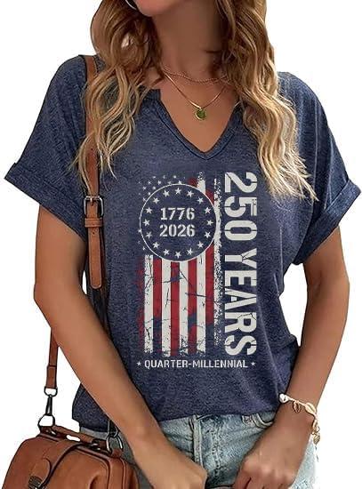4th of July V Neck Shirts for Women Casual American Flag USA Graphic Patriotic T-Shirt Memorial Tops Party Tee (Blue, XL)