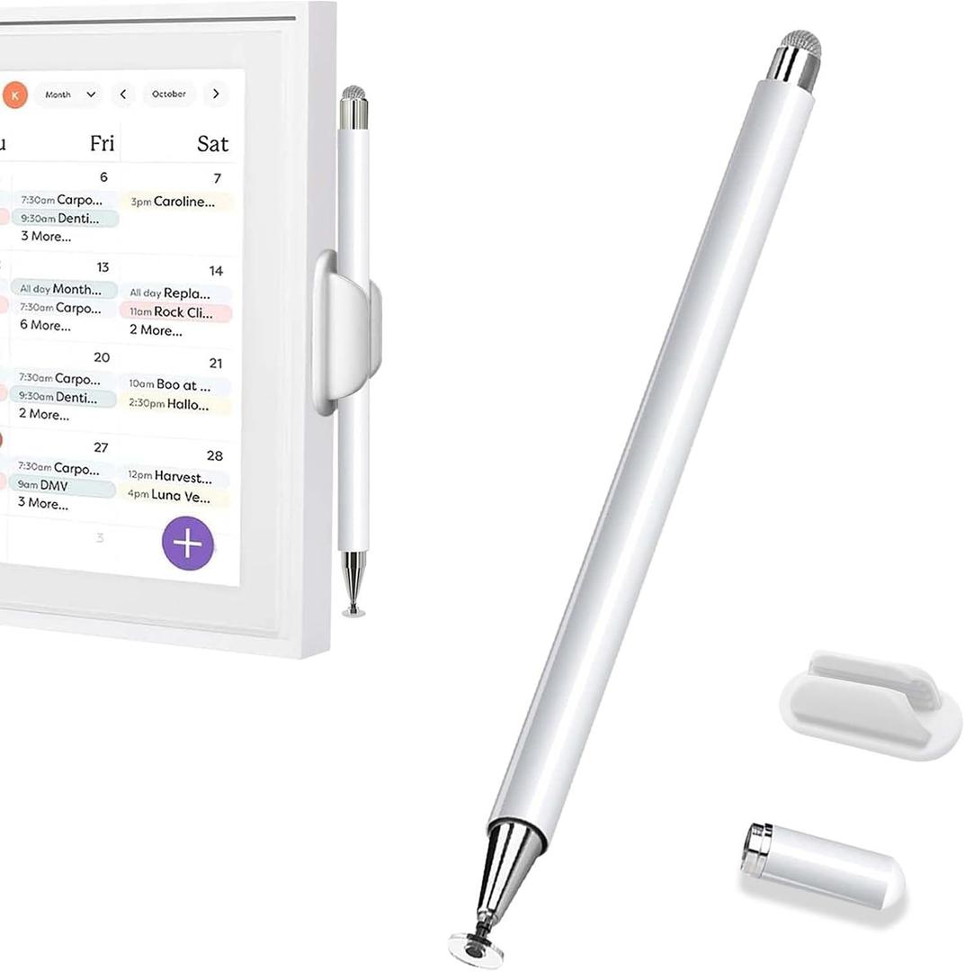 Stylus and Mount for Skylight Calendars 15/27 Inch, Dual Tip with Mesh and Disc Tip | Magnetic Pen Cap | Flexiple Stylus Holder Mount to Calendar,2 in 1 Multifunctional Capacitive Stylus Pen-White