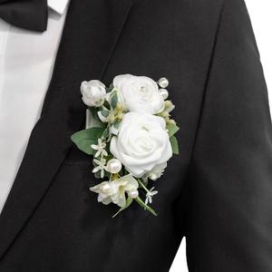 Ling's Moment Pocket Boutonniere Single, Boutonniere for Men Groom for Wedding, Prom, Homecoming, Anniversary, Graduation, etc.White Ranunculus Ivory (6" W x 5" H)