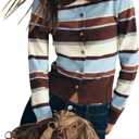 MakeMeChic Women's Striped Cardigan Color Block Button Down Collared Long Sleeve Knit Sweater (S)