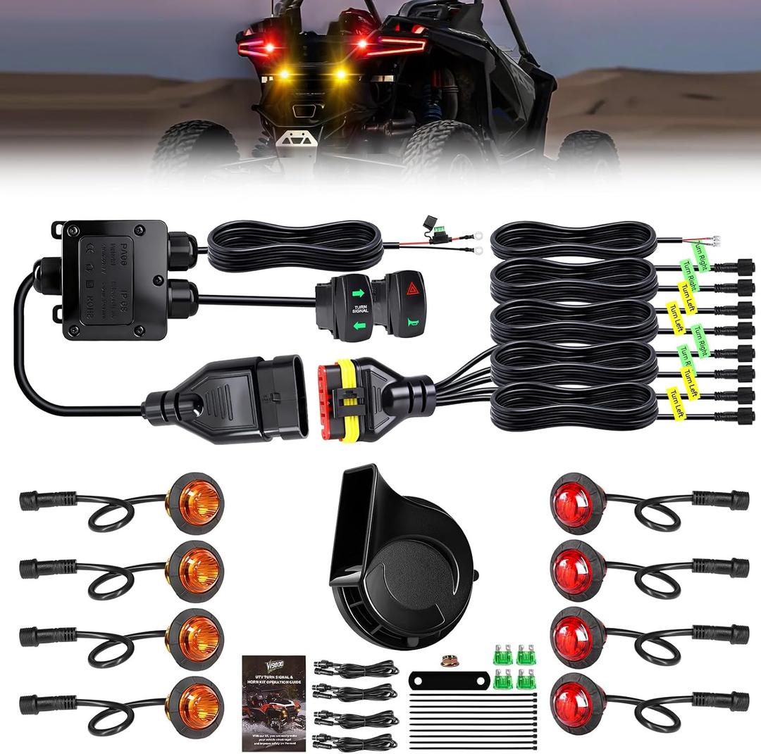 UTV Turn Signal Kit, Pre-Wired, Plug and Play Universal Street Legal UTV Blinker Kits with Rocker Switch, Hazard Light, 110dB Horn, Compatible with Polaris, Can-Am - 8Pods Amber Red Lights